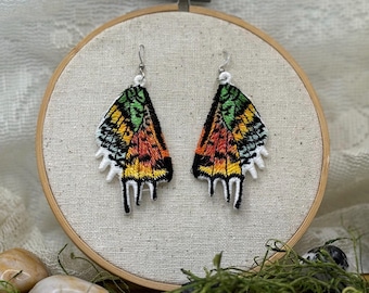 Madagascar Sunset Moth Embroidered Earrings - Nature Inspired Jewelry