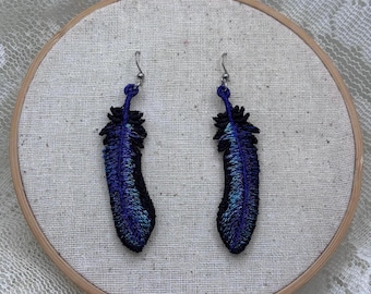 Iridescent Crow Feathers - Metallic Embroidered Earrings * Custom Order *