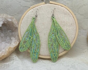 Embroidered Dragonfly Wing Earrings – Iridescent Fairycore Nature Accessories