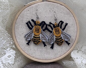 Honeybee Embroidered Earrings - Nature Inspired Jewelry