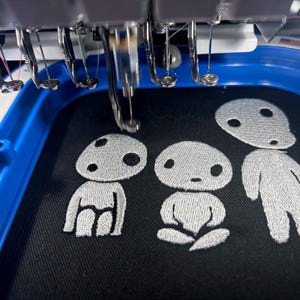 May include: An embroidery machine hoop holding black fabric with three silver-stitched figures. The figures are stylized, rounded, and feature simple facial expressions. The machine needles are positioned above the fabric, ready for stitching.