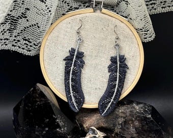 Raven Feather Embroidered Earrings – Handmade Bird Jewelry for Nature Lovers