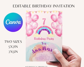 Birthday Party Invitation| Printable|Editable| Digital Invite| Rainbow| Glitter Editable|Ballons| Clouds| Boho| Colorful Instant| Adult|Kids