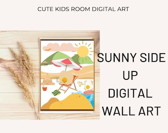 Sunny Side Up Printable Wall Art, Hilarious Eggs Digital Art Cloud, Bird, Water, Mountain, Original Design, Colorful, Fun, Decor Ocean Theme