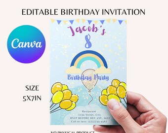 Birthday Party Invitation| Printable|Editable| Digital Invite| Rainbow| Glitter Editable|Ballons| Clouds| Boho| Colorful Instant| Adult|Kids