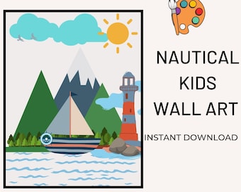 Kids Boat Printable Wall Art, Lighthouse, Clouds, Bird, Water, Rock, Mountain, Original Design, Colorful, Fun, Decor Nautical Themed, Anchor