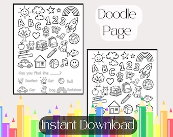 Cute Doodle Page Plus Word and Spelling, Handwriting, Coloring Practice For Pre-K and Kindergarten