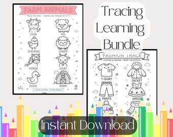 10 Page Doodling and Tracing for Kids, Pre-K and Kindergarten, Handwriting, Vocabulary, Learning to Read, Animals, Sea Life Bundle