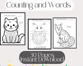Dot-A-Dot Animal & Sea Life Learning pages, With words, and countings, Coloring, Cat, Dogs, Fish, Ducks, Pre-K, 1st Grader, Activities