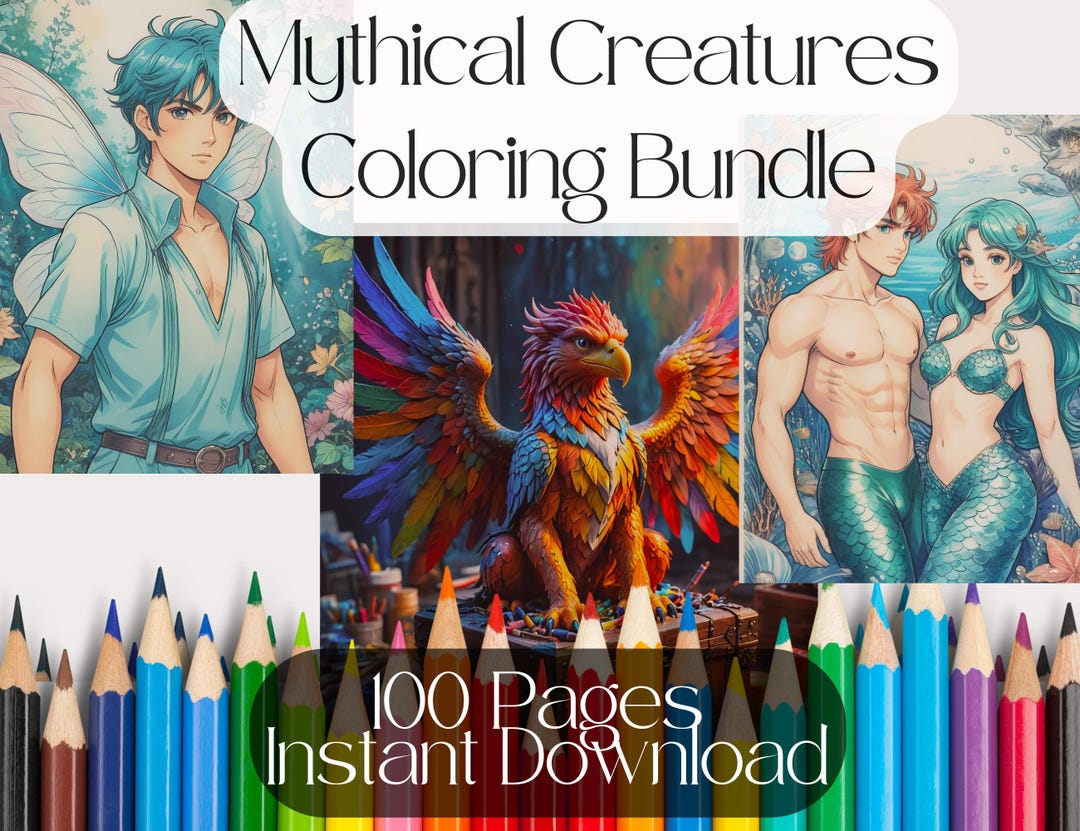 100 Mythical Creatures Coloring Page, Bundle, Mermaid, Griffin, Fairies ...