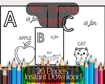 26 Alphabet ABC Coloring Book, Kindergarten, Learning,  kid, Easy, Homeschool, Activities, Preschool Bundle,PDF, Version 2  Instant Download