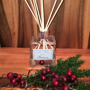 May include: A clear glass reed diffuser with a silver collar and wooden reeds. The label reads "Balance" and "Newton & Chatterton". Red berries and green sprigs are arranged in front of the diffuser on a wooden surface.