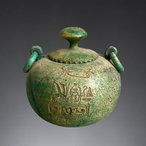 Egyptian Pot: Bronze Finish, Hieroglyphics, Eye of Horus
