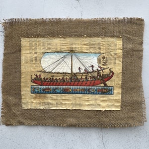 Handmade Egyptian Papyrus Painting: Nile Boat Scene on Coptic Cloth