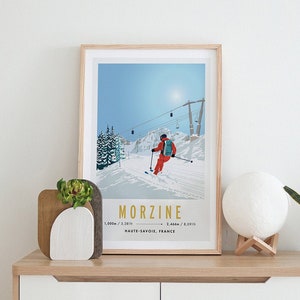 Póster de viaje vintage de esquí/snowboard de Morzine, Francia, tamaño A3 y A4, impresión artística en papel reciclado