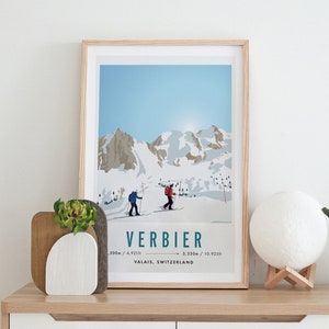 Póster de viaje vintage de esquí/snowboard de Verbier, Suiza, tamaño A3 y A4, papel reciclado