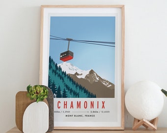 Chamonix, French Alps Vintage Cable Car Ski A4 A3 Travel Poster Print - Recycled Paper