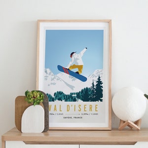 Póster de viaje vintage de snowboarder de Val-D'Isère, Alpes franceses, tamaño A4, A3, papel reciclado