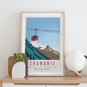 Póster de viaje en A4 y A3 con vista al teleférico de Chamonix, Alpes franceses, papel reciclado
