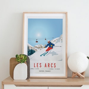 Póster de viaje vintage de esquí/snowboard de Les Arcs, Francia, tamaño A3 y A4, papel reciclado