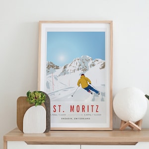 Póster de viaje vintage de esquí/snowboard de St. Moritz, Suiza, tamaño A3 y A4, papel reciclado
