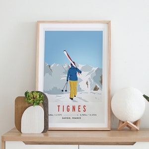 Póster de viaje vintage de Tignes, Alpes franceses, tamaño A4, A3, con esquís y esquiadores, papel reciclado