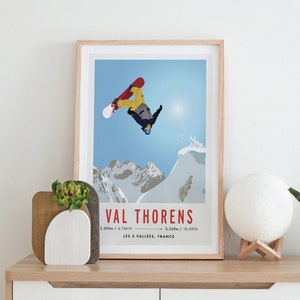 Póster de viaje vintage de esquí/snowboard de Val Thorens, Les 3 Vallées, Francia, tamaño A3, A4, papel reciclado