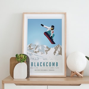 Póster de viaje vintage de esquí y snowboard de Blackcomb - Whistler, Canadá, tamaño A3 y A4, papel reciclado