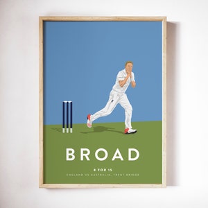 May include: A digital illustration of a cricket player bowling with the text "BROAD 8 FOR 15 ENGLAND VS AUSTRALIA, TRENT BRIDGE" below.