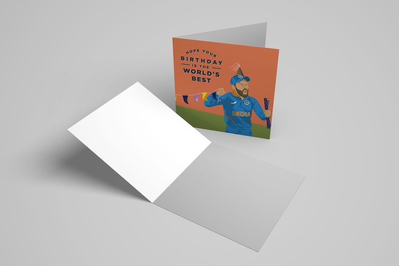 May include: A birthday card featuring a cartoon illustration of a cricket player wearing a blue jersey with the word "INDIA" on it. The player is holding a bat and wearing a party hat. The card has the text "HOPE YOUR BIRTHDAY IS THE WORLD'S BEST" on it.