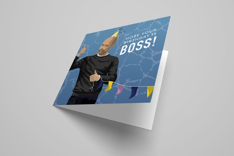 May include: A birthday card featuring a cartoon illustration of a man wearing a party hat and giving a thumbs up. The background is blue with a white pattern and yellow, pink, and blue bunting. The text on the card reads "Hope your birthday is BOSS!"