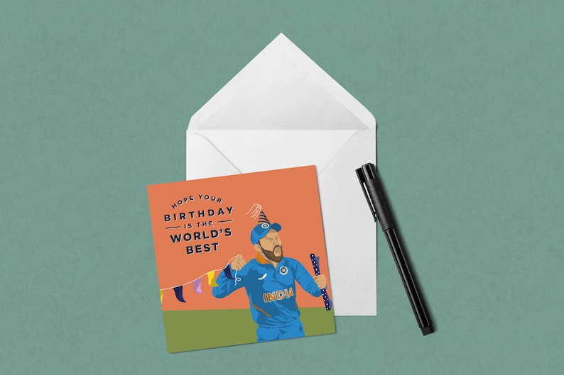 May include: A birthday card with an orange background featuring a cartoon illustration of a cricket player wearing a blue jersey with the word "INDIA" on it. The card has the text "Hope your birthday is the world's best" on it.