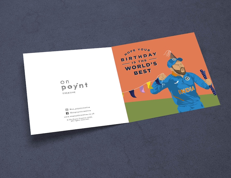 May include: A birthday card with an orange background featuring a cartoon illustration of a man wearing a blue and white jersey with the word "INDIA" on it. The man is holding a cricket bat and wearing a party hat. The text on the card reads "Hope your birthday is the world's best."