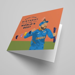 May include: A birthday card featuring a cartoon illustration of a cricket player wearing a blue jersey with the word "INDIA" on it. The player is holding a bat and wearing a party hat. The text on the card reads "Hope your birthday is the world's best."
