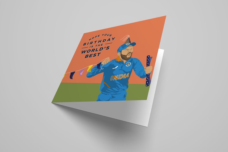 May include: A birthday card featuring a cartoon illustration of a cricket player wearing a blue jersey with the word "INDIA" on it. The player is holding a bat and wearing a party hat. The text on the card reads "Hope your birthday is the world's best."