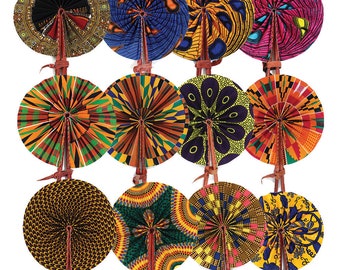 Set Of 12 Mixed Print Hand Made African Folding Fans From Kenya