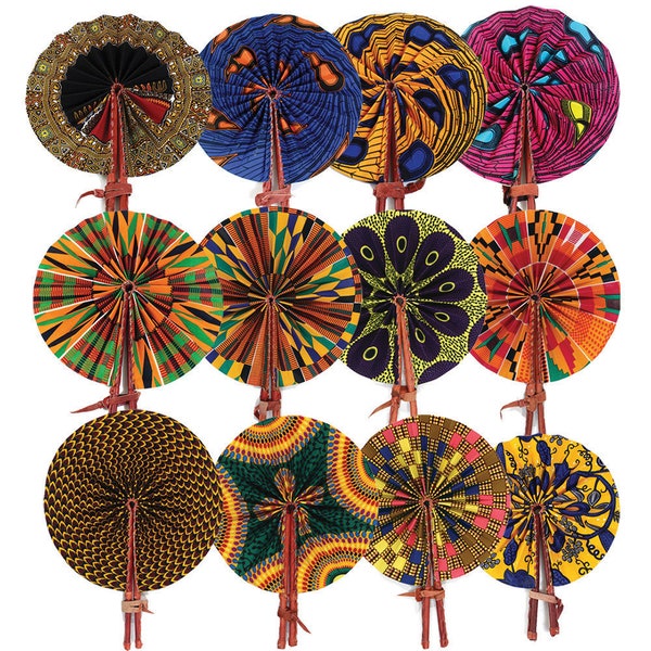 Set Of 12 Mixed Print Hand Made African Folding Fans From Kenya