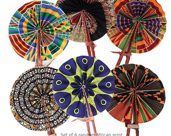 Set Of 6 Hand Made African Folding Fans From Ghana - mixed prints
