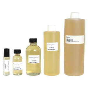 May include: Five bottles of Mango Butter Fragrance Oil in various sizes. The bottles are clear glass with white caps. The labels are white with black text and barcodes. The text on the labels reads "Mango Butter Fragrance Oil" and includes a product code. The largest bottle is labeled "O-M69L 1 Lit Mango Butter Fragrance Oil".