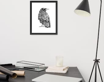 Framed Raven Ink Illustration - Edgar Allan Poe Inspired Spooky Art - Perfect for Gothic Decor Lovers