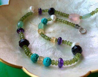 Necklace of Peridot Beads and Mixed Gems