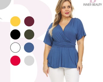 Womens Plus Size Short Sleeve Deep V neck Surplice Top - Pull on Wrap Top Shirts