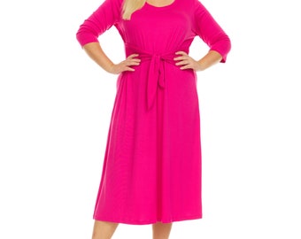 Womens Plus Size Scoop Neck Solid Fuschia A-Line Midi Dress W Self Tie Belt Fall 2022