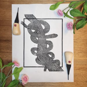 The Serpent in the Tree, Snake Art Print, Wall Art, Reptile Art, Linocut Print, Printmaking Block Print