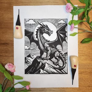 The Dragon Named Ichor, Dragon Art Print, Wall Art, Linocut Print, Printmaking Block Print, Medieval Fantasy Artwork