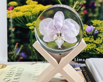 May include: A clear, circular resin paperweight containing a single pressed light purple orchid flower. The paperweight is supported by a light-colored wooden X-shaped stand, which elevates the circular object above the surface it rests upon.