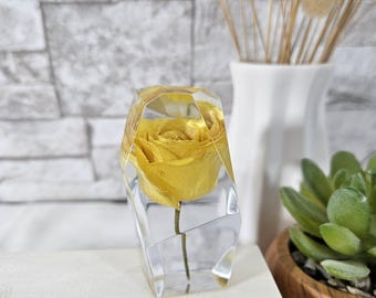 Yellow Rose In Resin Gem: Elegant Floral Keepsake Gift