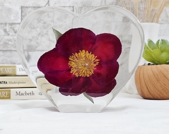 Red Peony In Upright Resin Heart: Nature-Inspired Floral Décor Gift