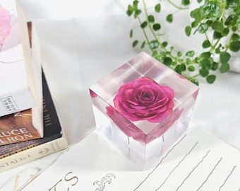 Deep Ruby Rose in Resin Cube: Real Rose Keepsake Gift