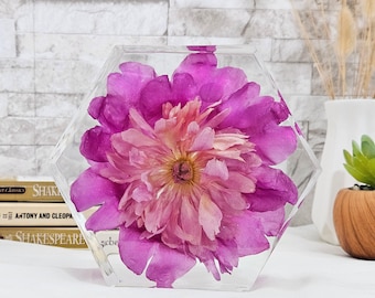 Japanese Peony in Hexagon Resin: Nature-Inspired Home Décor